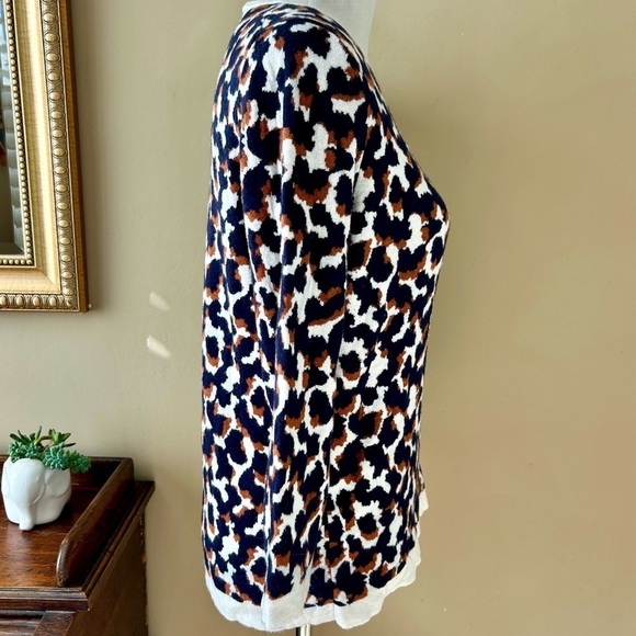Ann Taylor Leopard Wool Blend Sweater Crew Neck 3/4 Sleeve Navy Brown Cream L - Picture 7 of 10